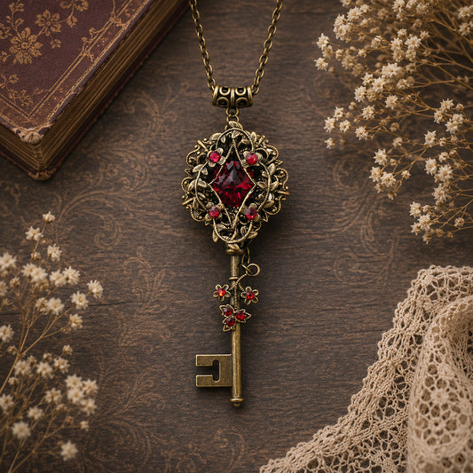 Vintage-style key necklace with red gemstones on a wooden surface with lace and flowers.  Whimsical Floral Key Necklace: Elven Fairycore Jewelry with Red Swarovski Crystals