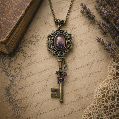 Vintage key-shaped necklace with a purple gemstone on an old book and lavender background.  Whimsical Purple Floral Amethyst Key Necklace, Fairycore Fantasy Jewelry