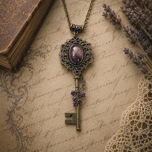 Vintage key-shaped necklace with a purple gemstone on an old book and lavender background.  Whimsical Purple Floral Amethyst Key Necklace, Fairycore Fantasy Jewelry