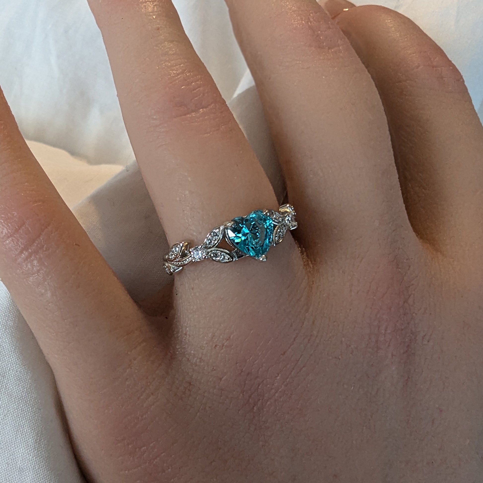 White Gold CZ Aquamarine Heart Promise Ring, Engagement Rings, March Birthstone Ring