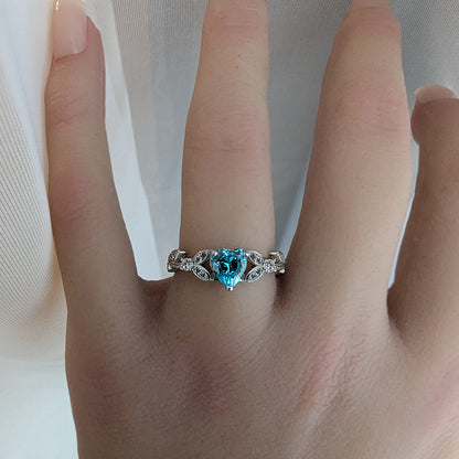 White Gold CZ Aquamarine Heart Promise Ring, Engagement Rings, March Birthstone Ring