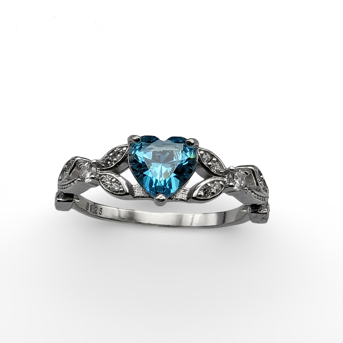 White Gold CZ Aquamarine Heart Promise Ring, Engagement Rings,  March Birthstone Ring