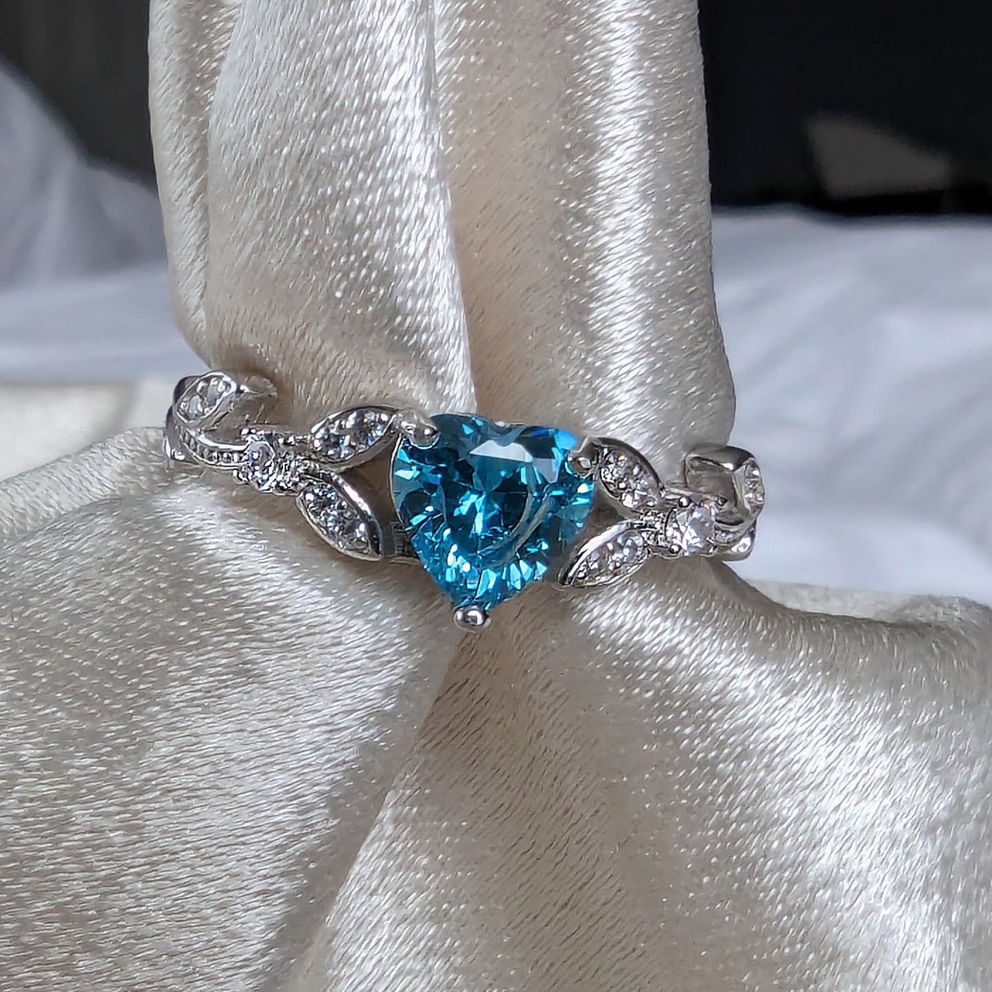 White Gold CZ Aquamarine Heart Promise Ring, Engagement Rings,  March Birthstone Ring