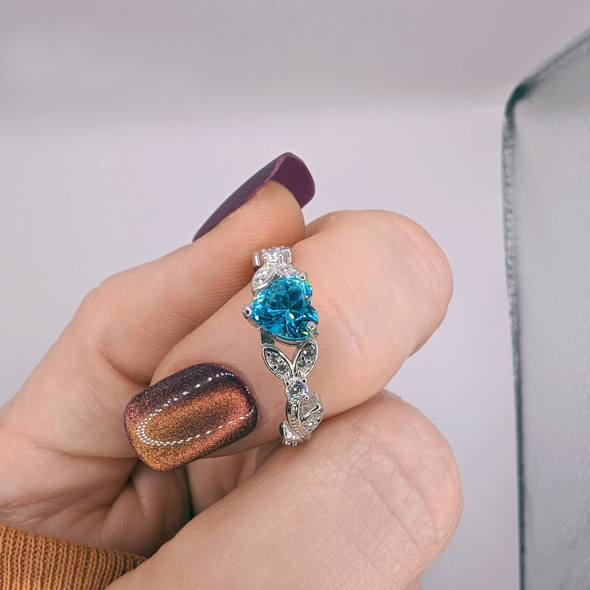 White Gold CZ Aquamarine Heart Promise Ring, Engagement Rings,  March Birthstone Ring