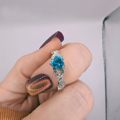 White Gold CZ Aquamarine Heart Promise Ring, Engagement Rings,  March Birthstone Ring