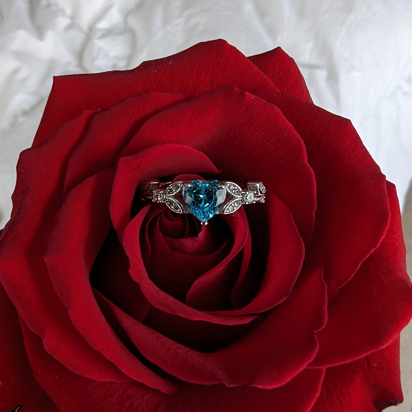 White Gold CZ Aquamarine Heart Promise Ring, Engagement Rings,  March Birthstone Ring
