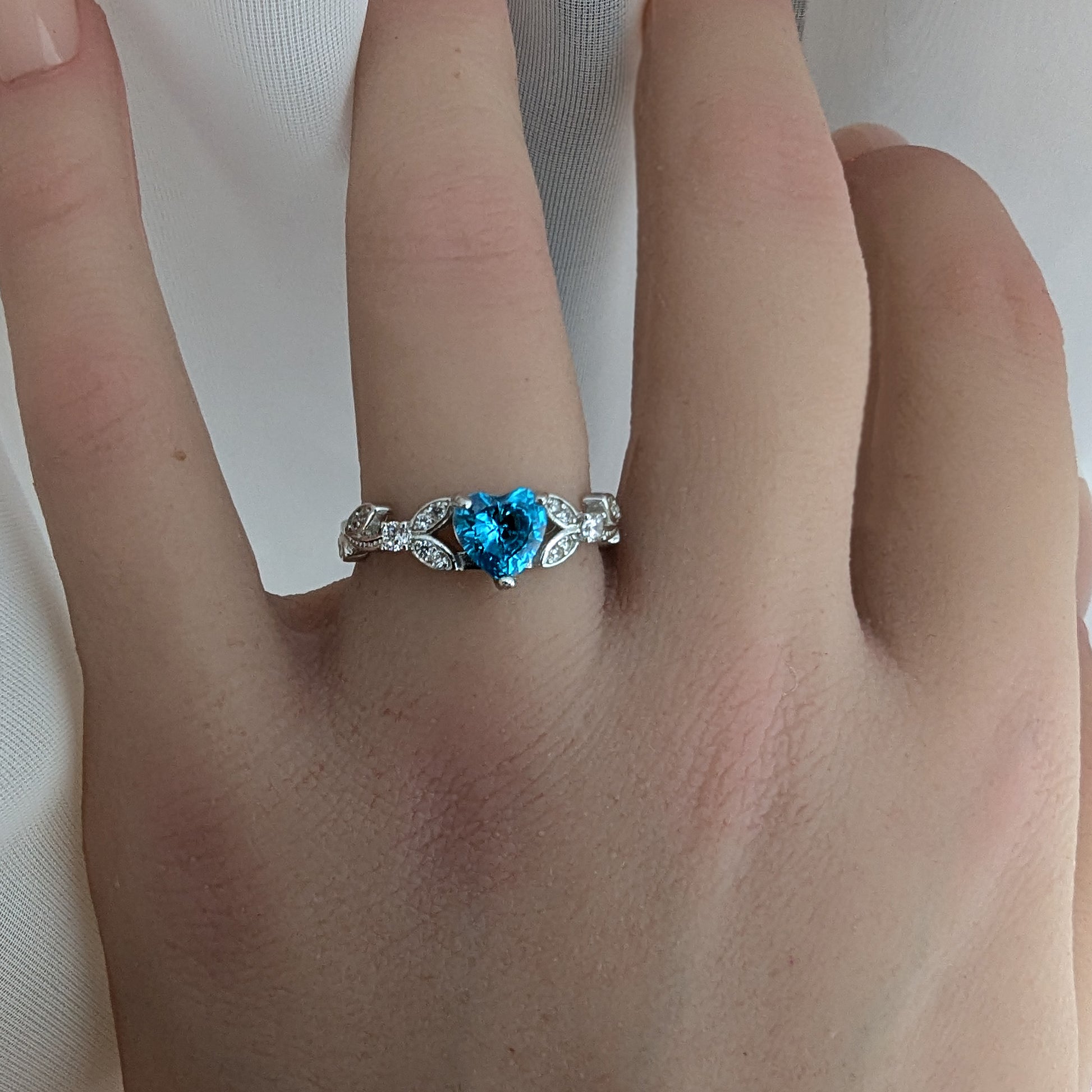 White Gold CZ Blue Topaz Heart Shaped Promise Ring, Engagement Rings, December Birthstone
