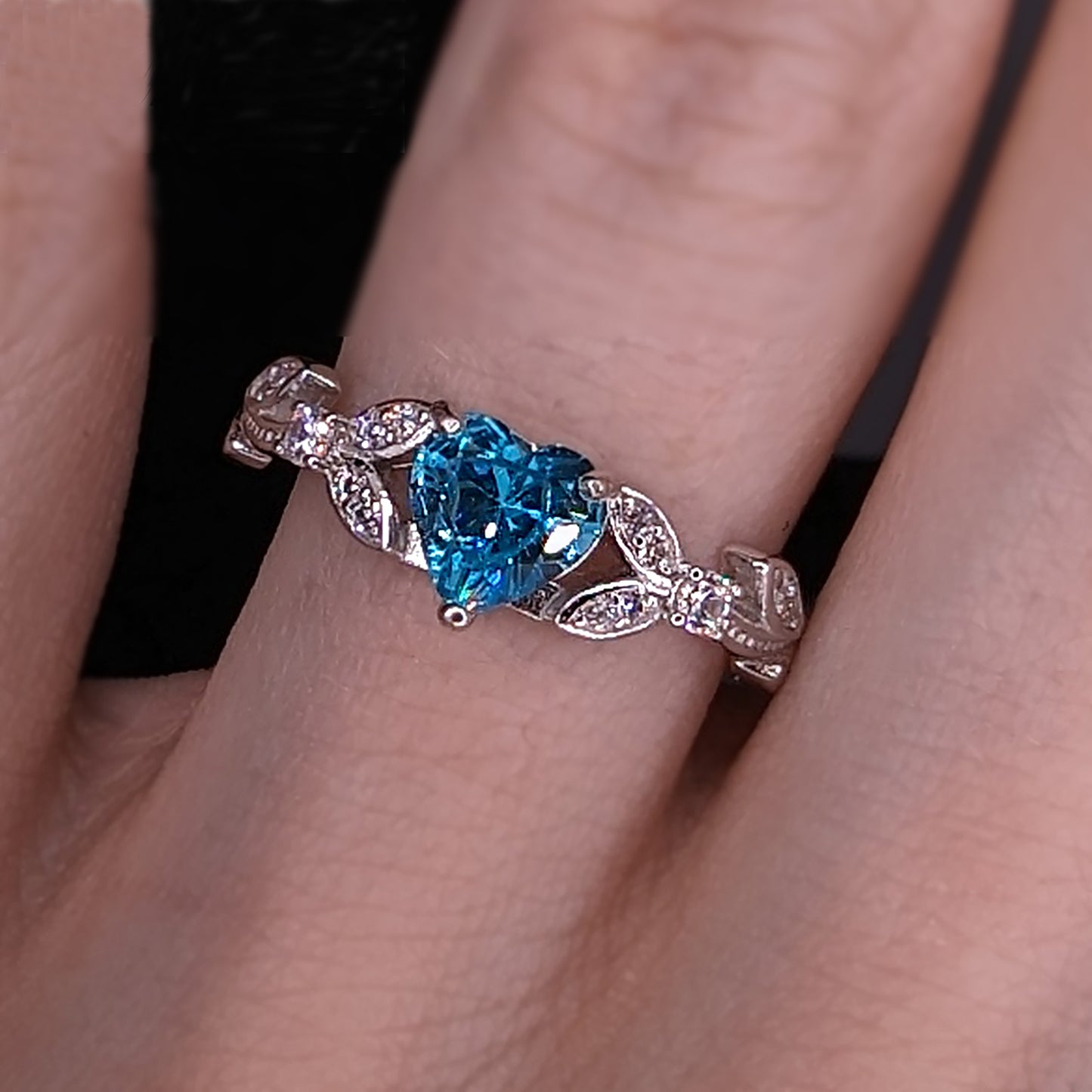 White Gold CZ Blue Topaz Heart Shaped Promise Ring, Engagement Rings, December Birthstone