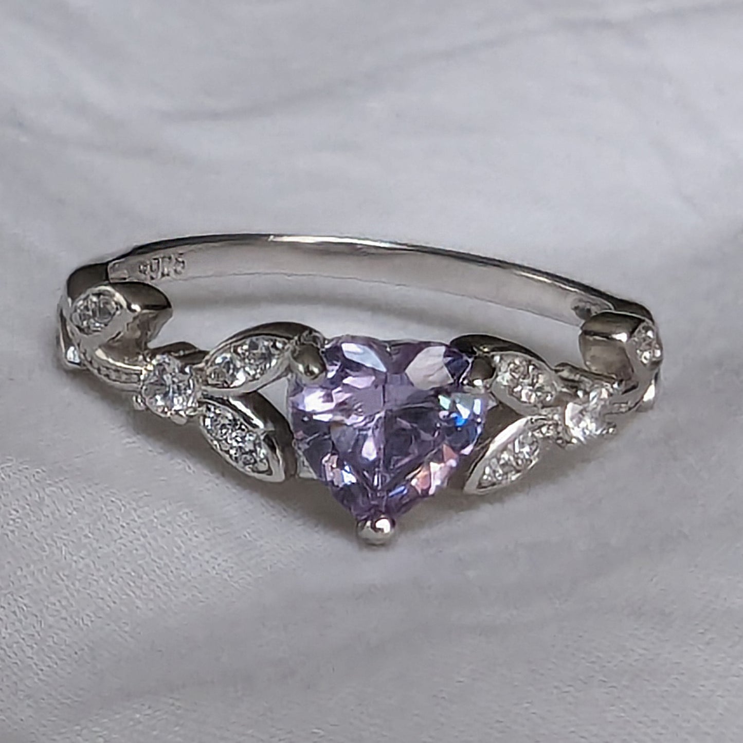 White Gold CZ Lavender Heart Shaped Ring, Purple Engagement Rings , Promise Ring, June Birthstone