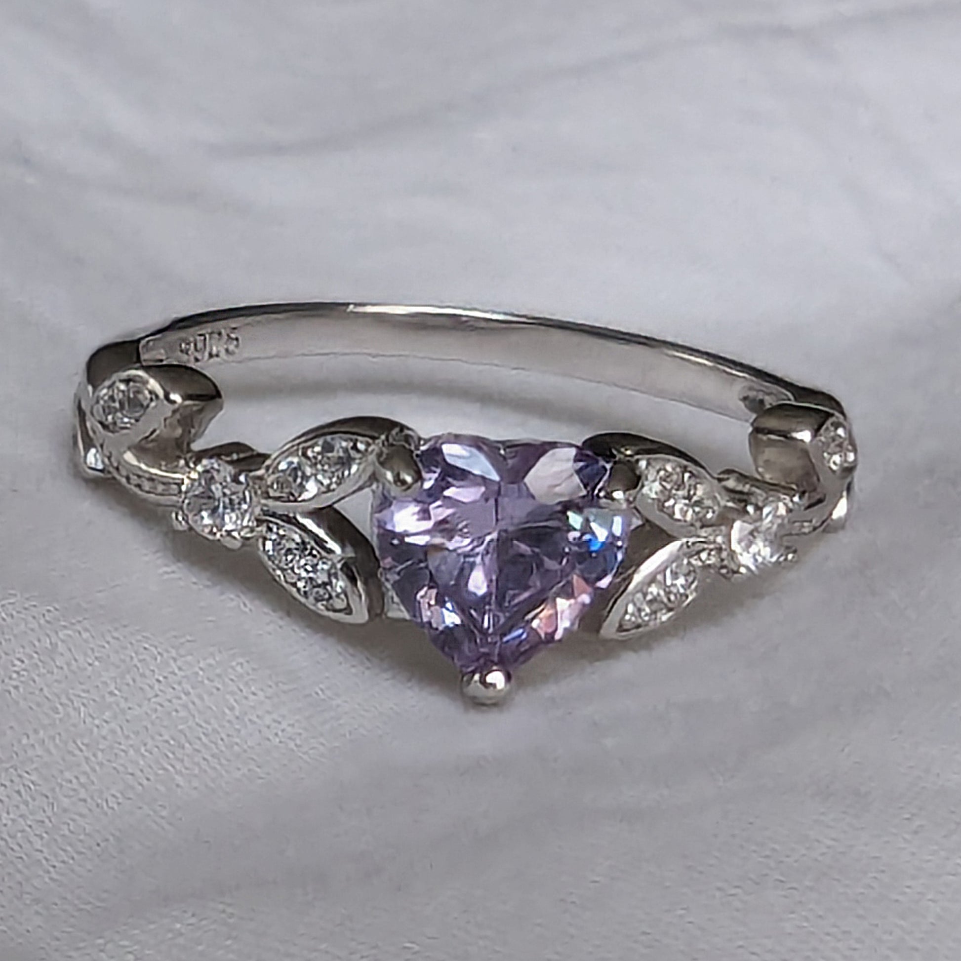 White Gold CZ Lavender Heart Shaped Ring, Purple Engagement Rings , Promise Ring, June Birthstone