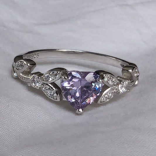 White Gold CZ Lavender Heart Shaped Ring, Purple Engagement Rings , Promise Ring, June Birthstone