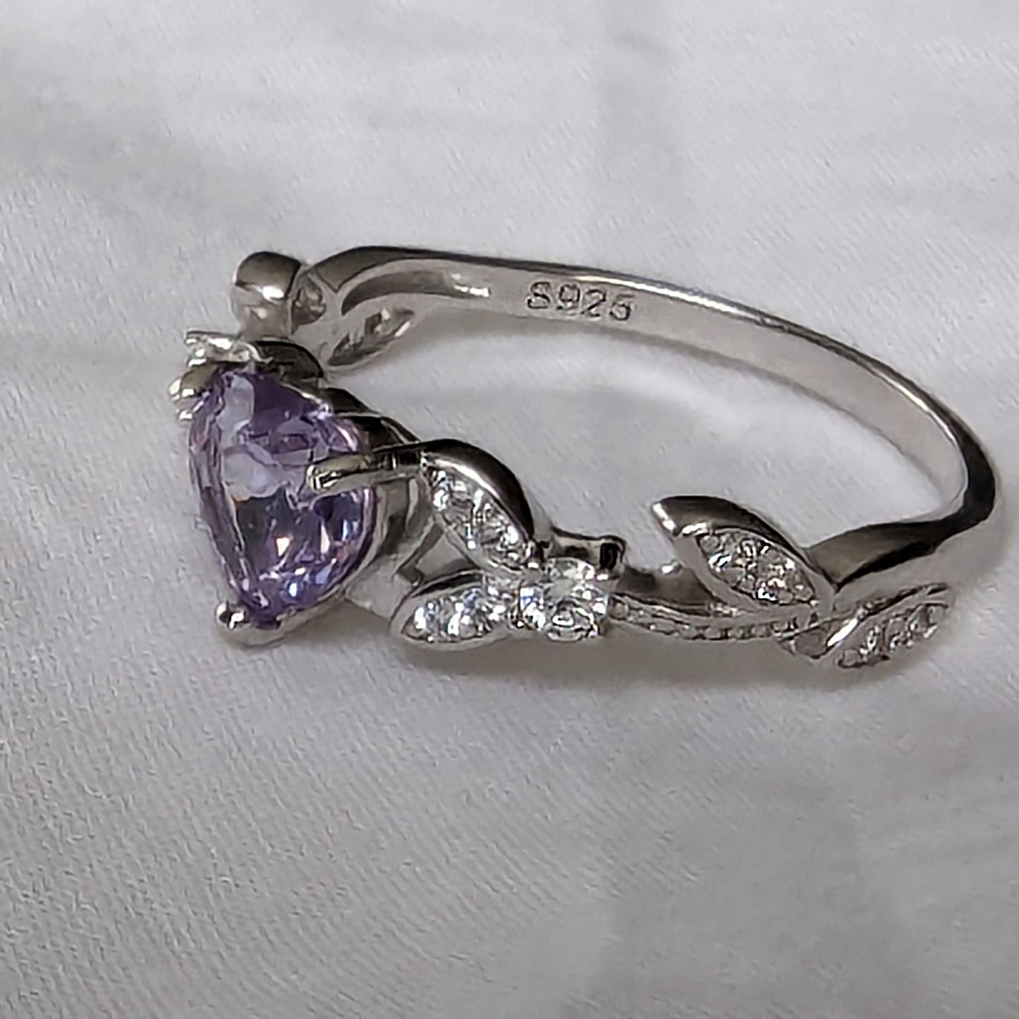 White Gold CZ Lavender Heart Shaped Ring, Purple Engagement Rings , Promise Ring, June Birthstone