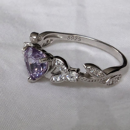 White Gold CZ Lavender Heart Shaped Ring, Purple Engagement Rings , Promise Ring, June Birthstone