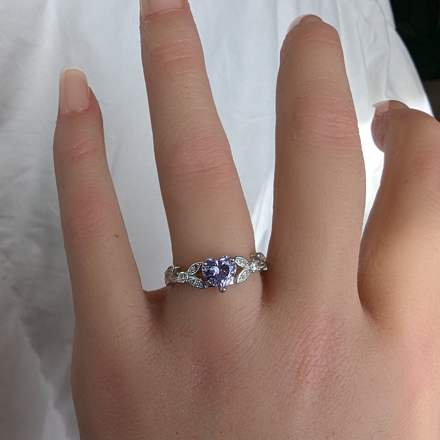 White Gold CZ Lavender Heart Shaped Ring, Purple Engagement Rings , Promise Ring, June Birthstone