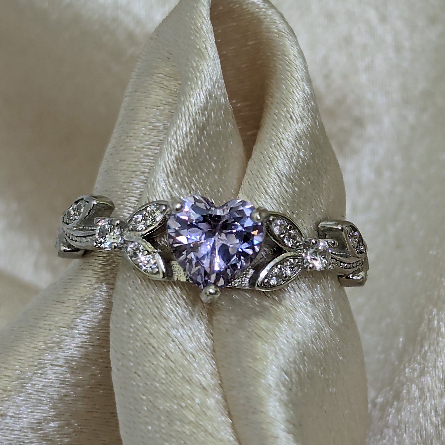 White Gold CZ Lavender Heart Shaped Ring, Purple Engagement Rings , Promise Ring, June Birthstone