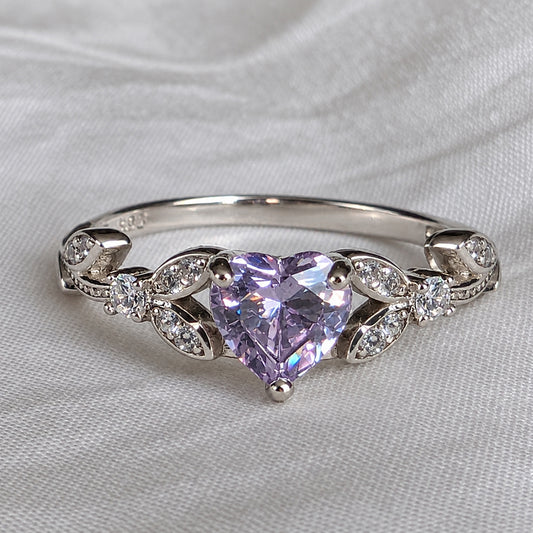 Lavender CZ Heart Promise Ring | White Gold Sterling Silver Engagement Jewelry