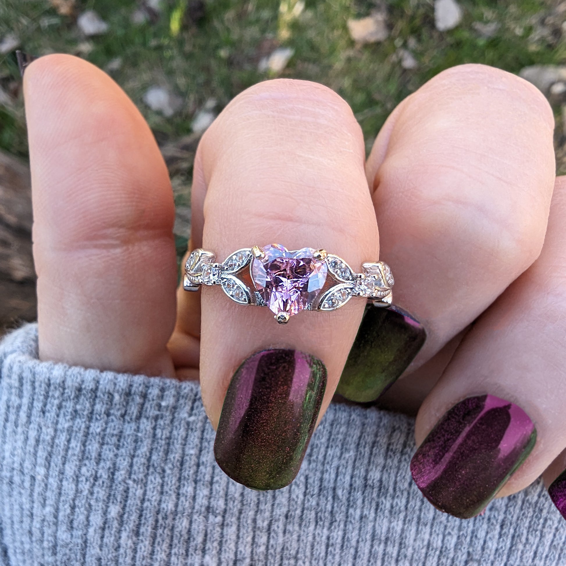 White Gold Pink CZ Heart Shaped Engagement Ring, Promise Ring, October Birthstone