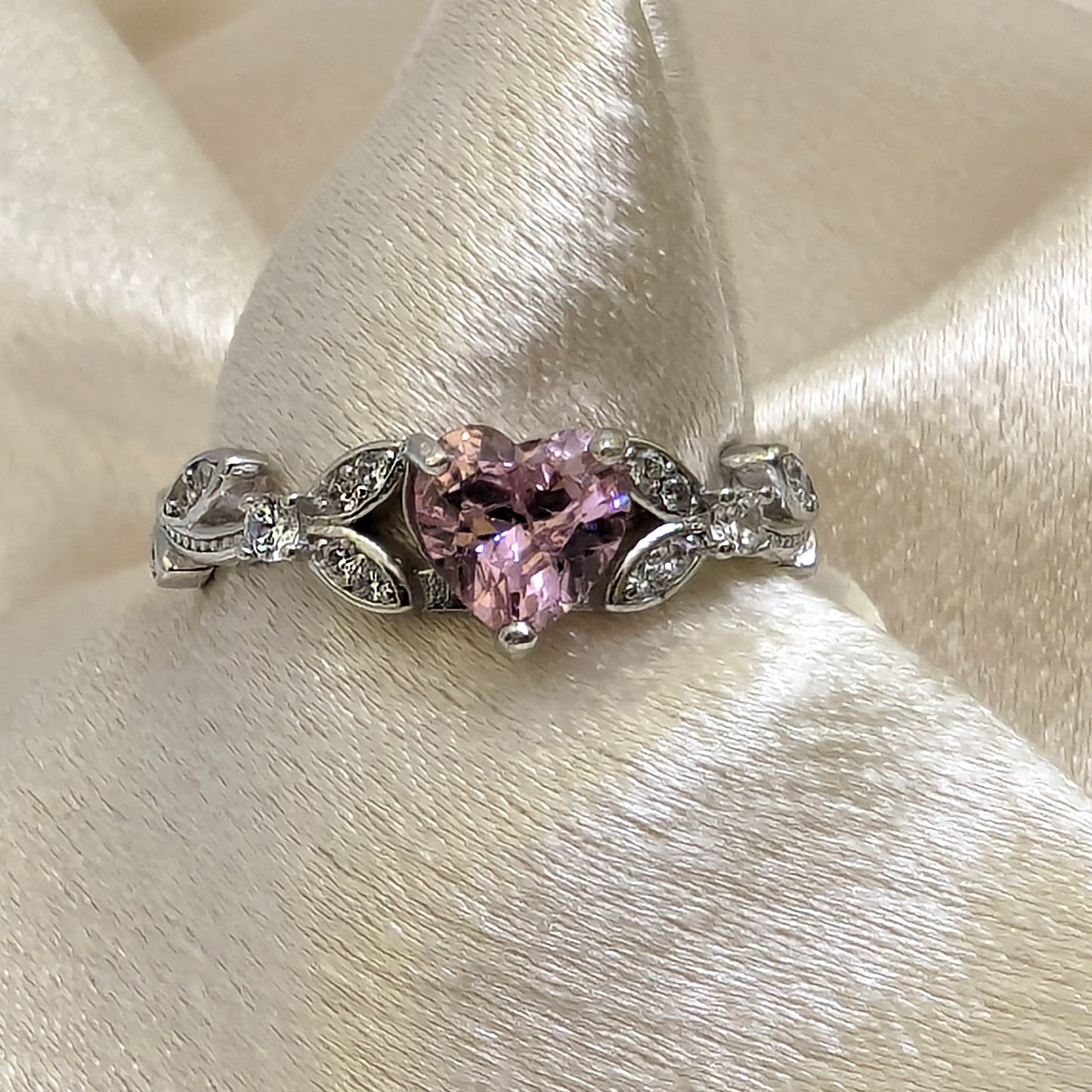 White Gold Pink CZ Heart Shaped Engagement Ring, Promise Ring, October Birthstone