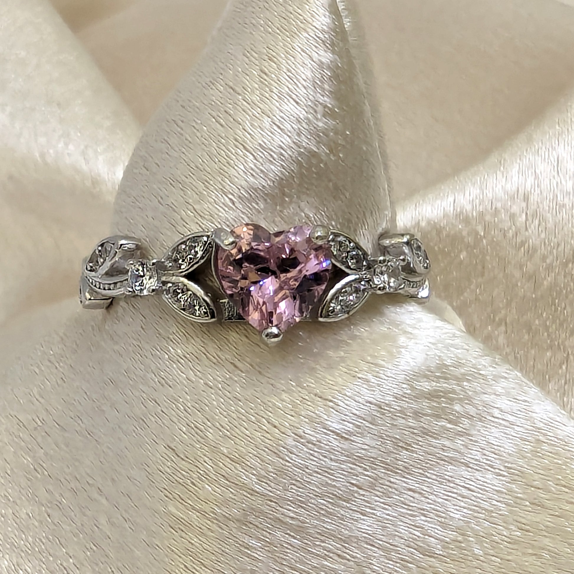 White Gold Pink CZ Heart Shaped Engagement Ring, Promise Ring, October Birthstone