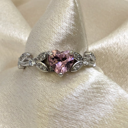 White Gold Pink CZ Heart Shaped Engagement Ring, Promise Ring, October Birthstone