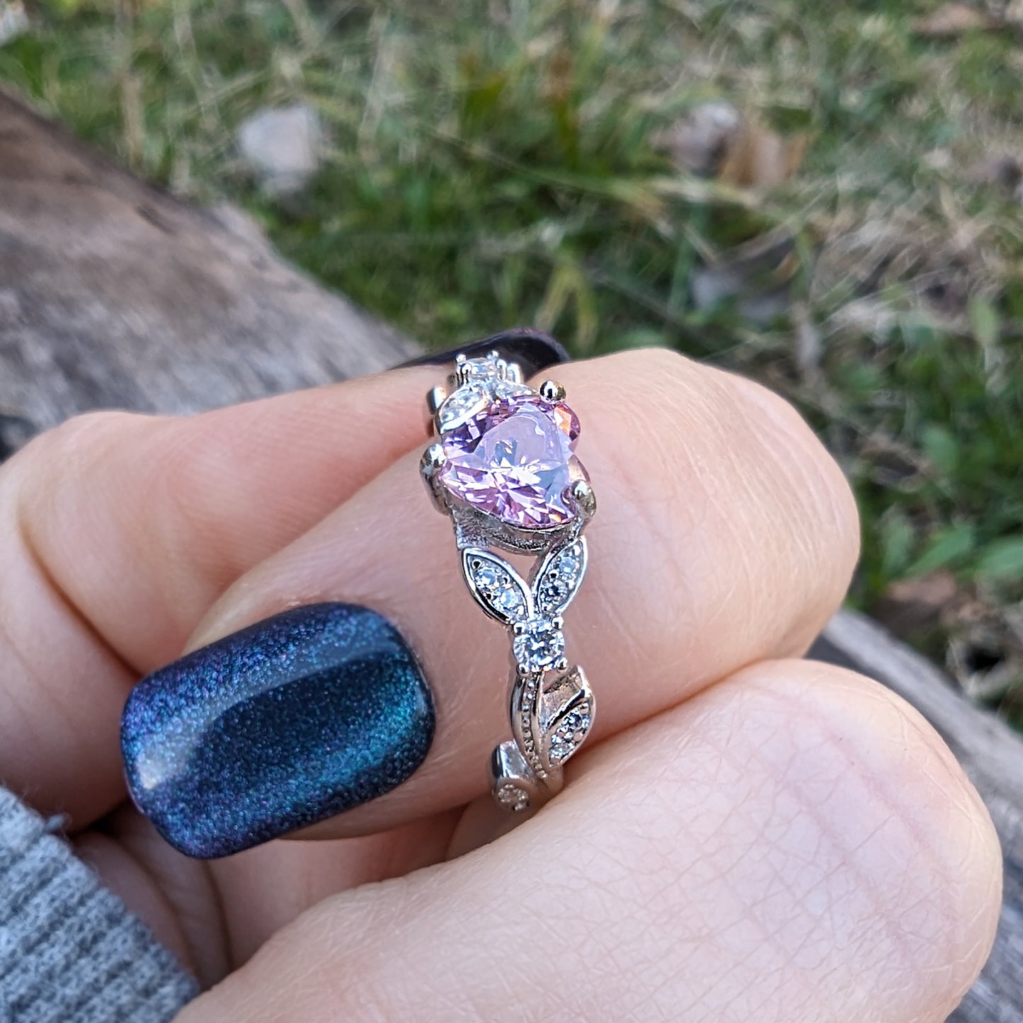 White Gold Pink CZ Heart Shaped Engagement Ring, Promise Ring, October Birthstone