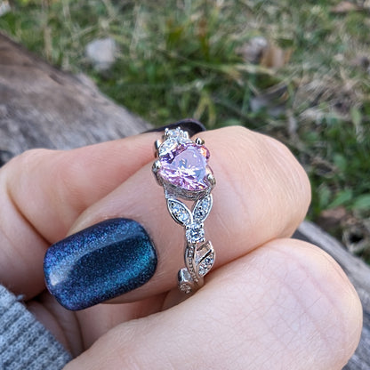 White Gold Pink CZ Heart Shaped Engagement Ring, Promise Ring, October Birthstone