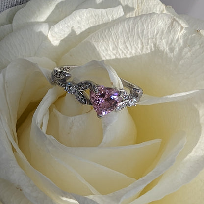 White Gold Pink CZ Heart Shaped Engagement Ring, Promise Ring, October Birthstone