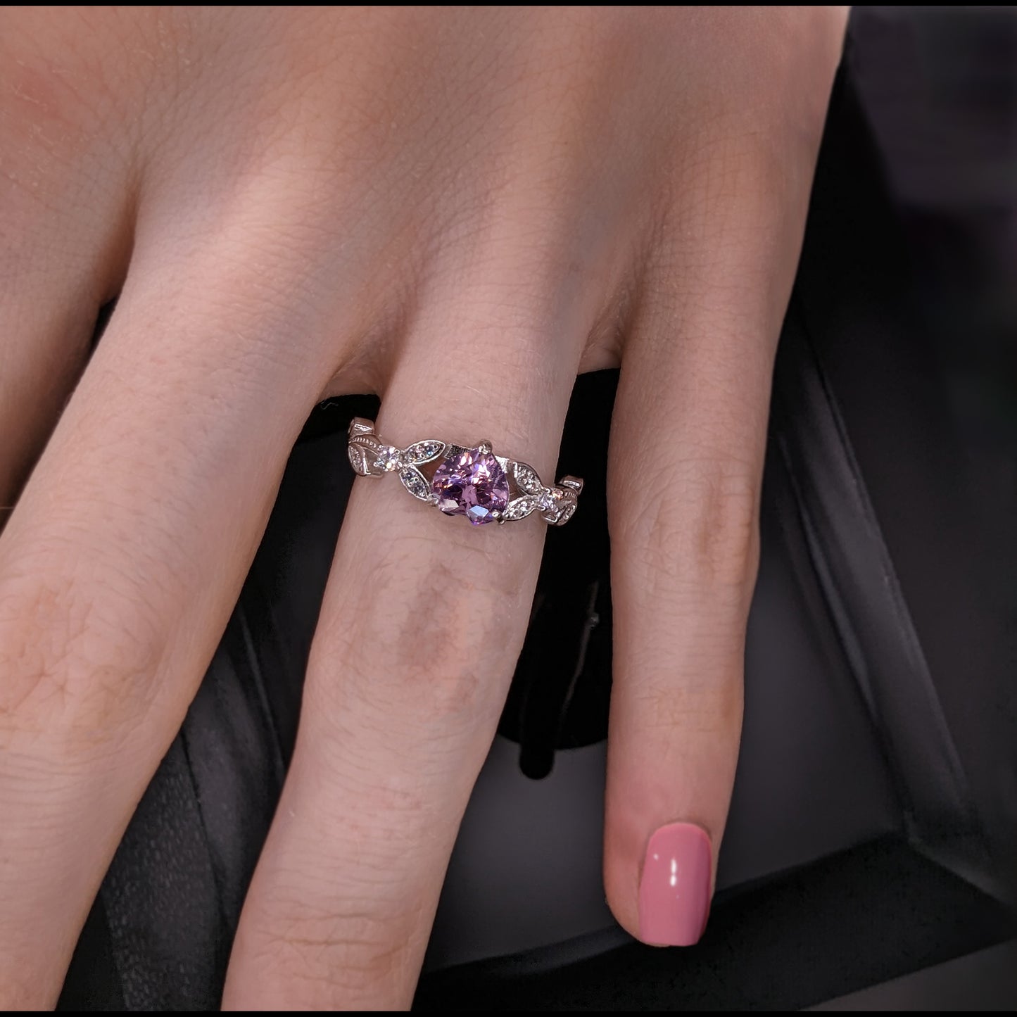 White Gold Pink CZ Heart Shaped Engagement Ring, Promise Ring, October Birthstone