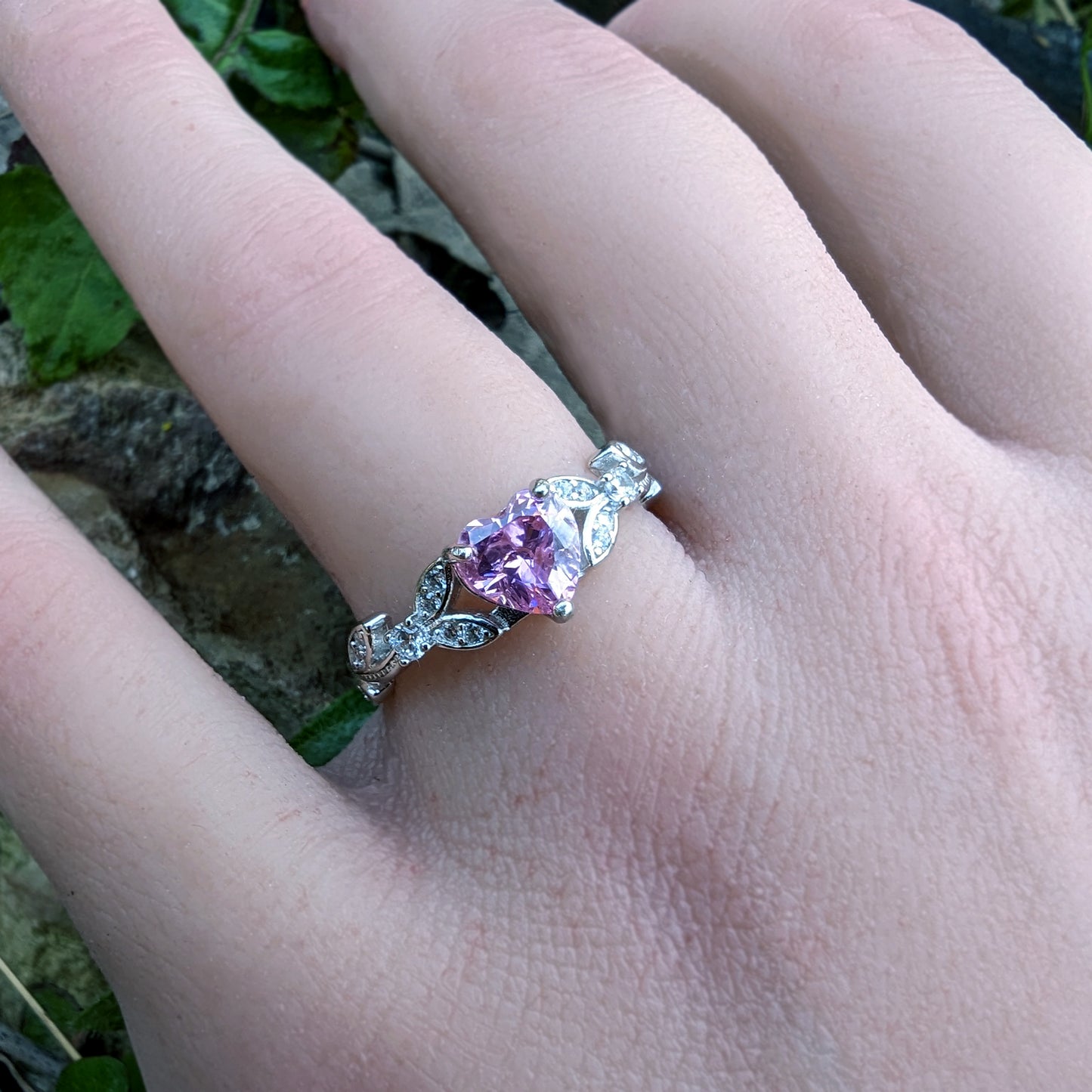 White Gold Pink CZ Heart Shaped Engagement Ring, Promise Ring, October Birthstone