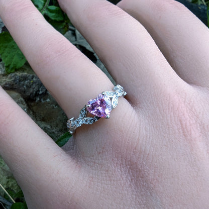 White Gold Pink CZ Heart Shaped Engagement Ring, Promise Ring, October Birthstone