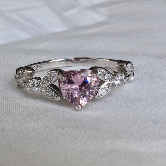 White Gold Pink CZ Heart Shaped Engagement Ring, Promise Ring, October Birthstone