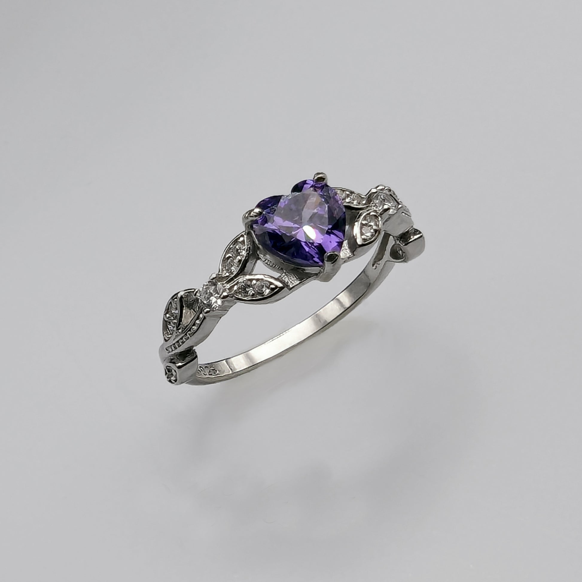 White Gold Violet CZ Heart Shaped Ring, Purple Ring, Engagement Rings, Promise Ring