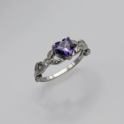 White Gold Violet CZ Heart Shaped Ring, Purple Ring, Engagement Rings, Promise Ring