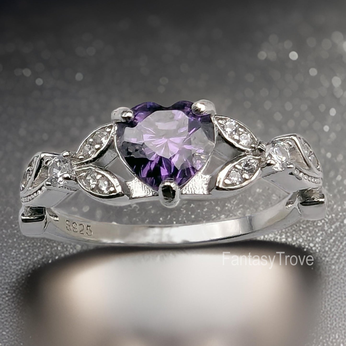 CZ (Cubic Zirconia) Violet Heart Engagement Promise Ring: White Gold Sterling Silver Leaf Design