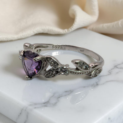 CZ (Cubic Zirconia) Violet Heart Engagement Promise Ring: White Gold Sterling Silver Leaf Design