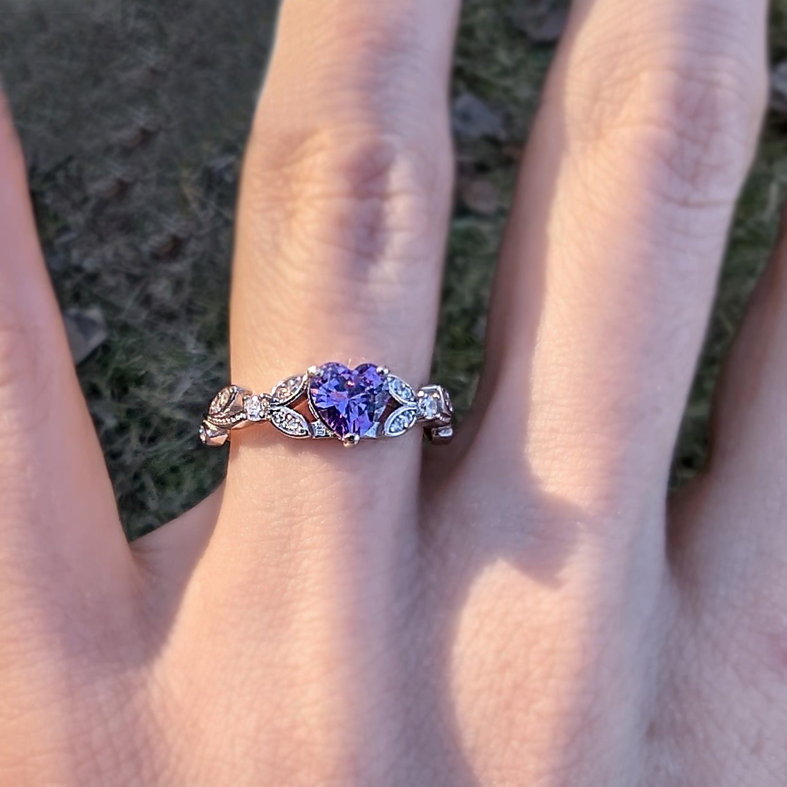 White Gold Violet CZ Heart Shaped Ring, Purple Ring, Engagement Rings, Promise Ring