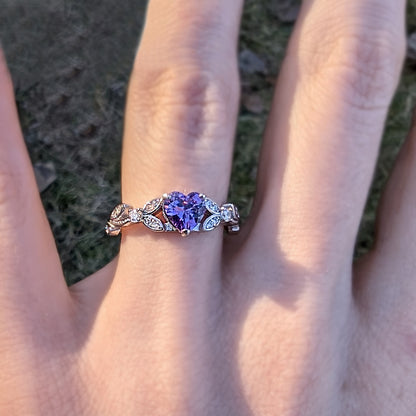 White Gold Violet CZ Heart Shaped Ring, Purple Ring, Engagement Rings, Promise Ring