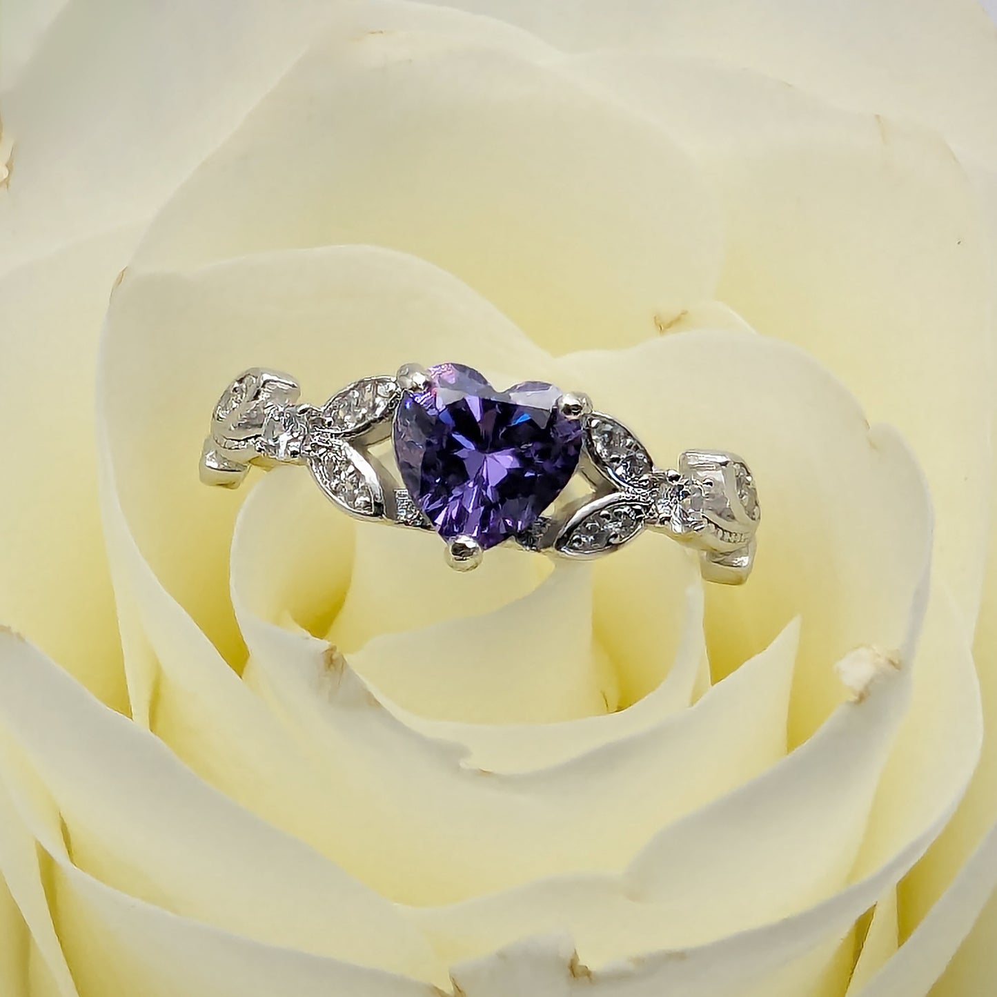 CZ (Cubic Zirconia) Violet Heart Engagement Promise Ring: White Gold Sterling Silver Leaf Design