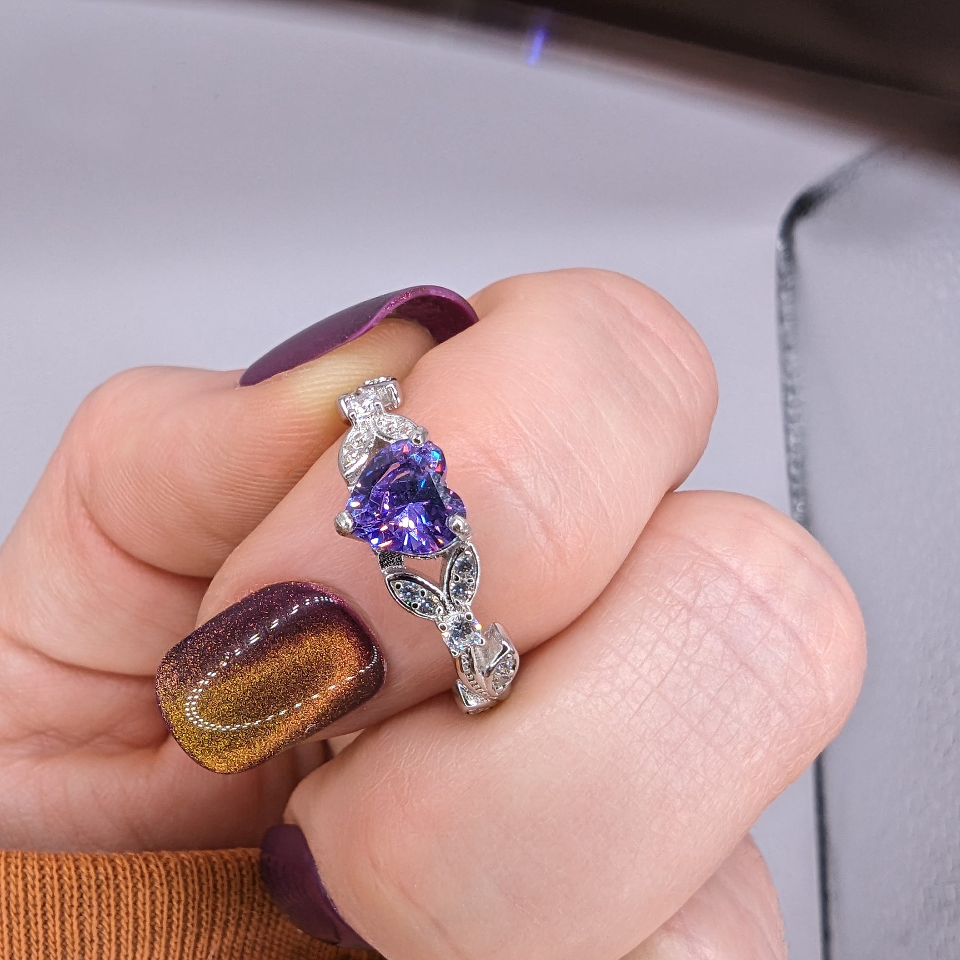White Gold Violet CZ Heart Shaped Ring, Purple Ring, Engagement Rings, Promise Ring