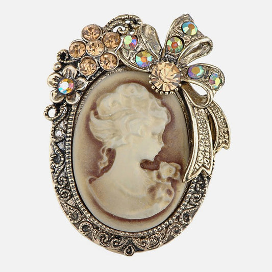 Vintage Gold Classic Lady Cameo Brooch in Soft Ivory Necklace with Floral and Bow Rhinestone Accents
