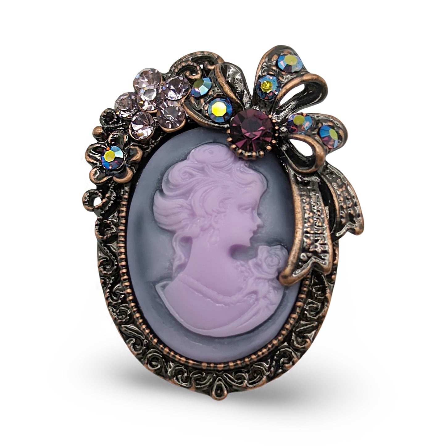 Alilang Vintage Classic Victorian Lady Purple Cameo Brooch with Rhinestone Floral and Bow Accents
