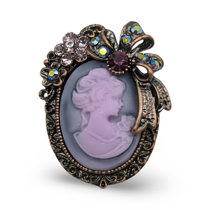 Alilang Vintage Classic Victorian Lady Purple Cameo Brooch with Rhinestone Floral and Bow Accents