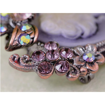Alilang Vintage Classic Victorian Lady Purple Cameo Brooch with Rhinestone Floral and Bow Accents