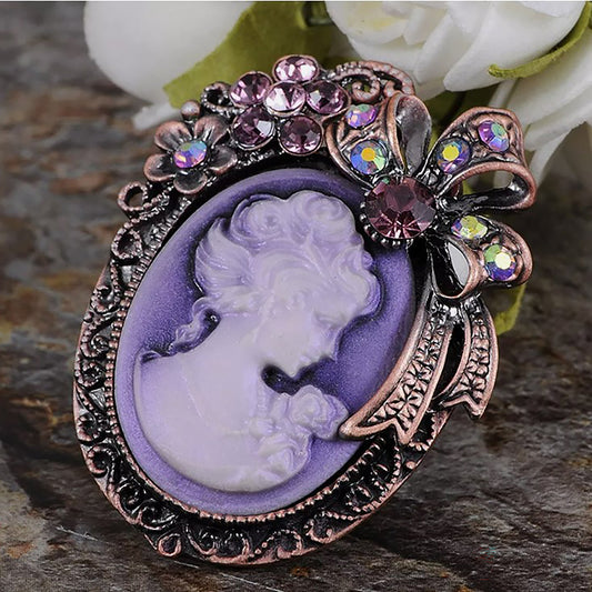 Alilang Vintage Classic Victorian Lady Purple Cameo Brooch with Rhinestone Floral and Bow Accents