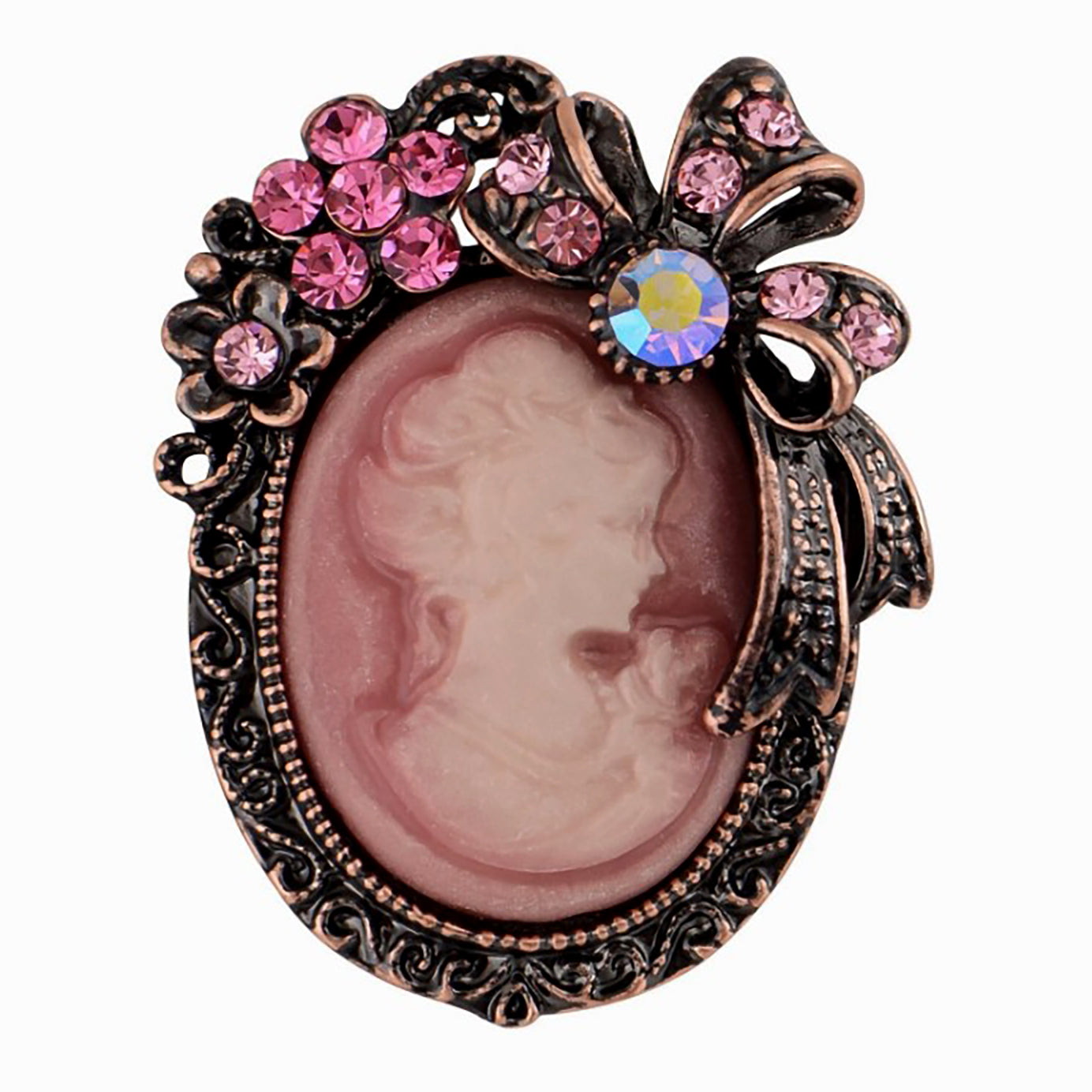 Alilang Vintage Classic Victorian Lady Pink Cameo Brooch with Rhinestone Floral and Bow Accents