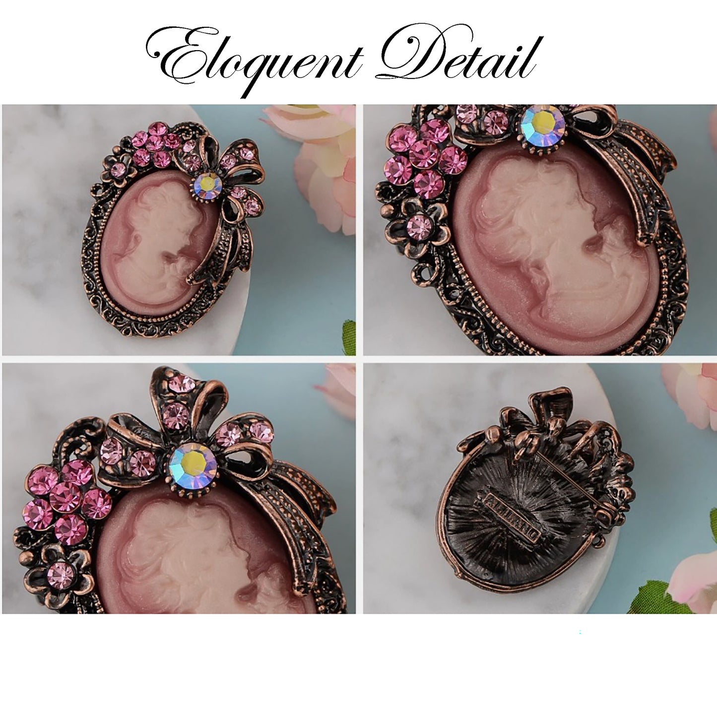 Alilang Vintage Classic Victorian Lady Pink Cameo Brooch with Rhinestone Floral and Bow Accents