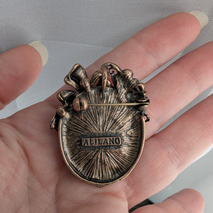 Alilang Vintage Classic Victorian Lady Pink Cameo Brooch with Rhinestone Floral and Bow Accents