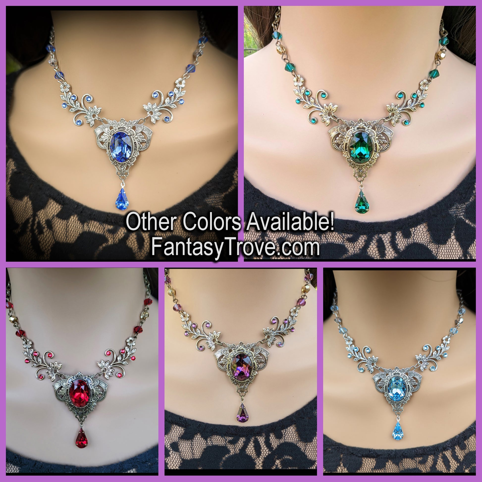 Collage of ornate necklaces with gemstones on a person wearing black lace top, with promotional text for FantasyTrove.com.