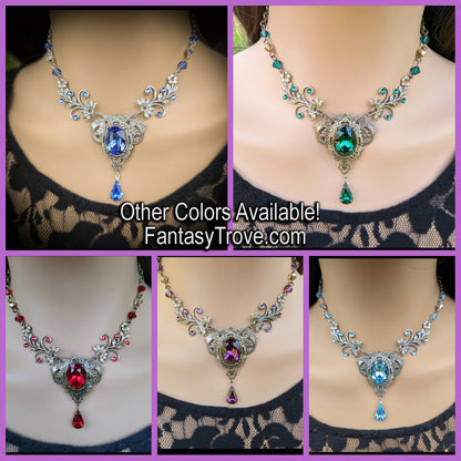 Collage of ornate necklaces with gemstones on a person wearing black lace top, with promotional text for FantasyTrove.com.