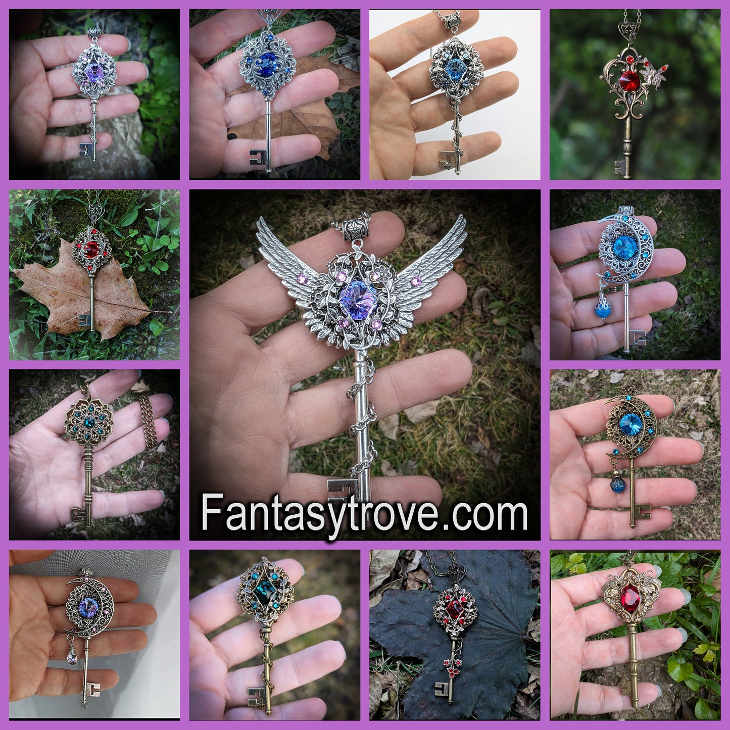 Fairycore Silver Key Necklace with Swarovski Crystal – Fantasy Floral Jewelry